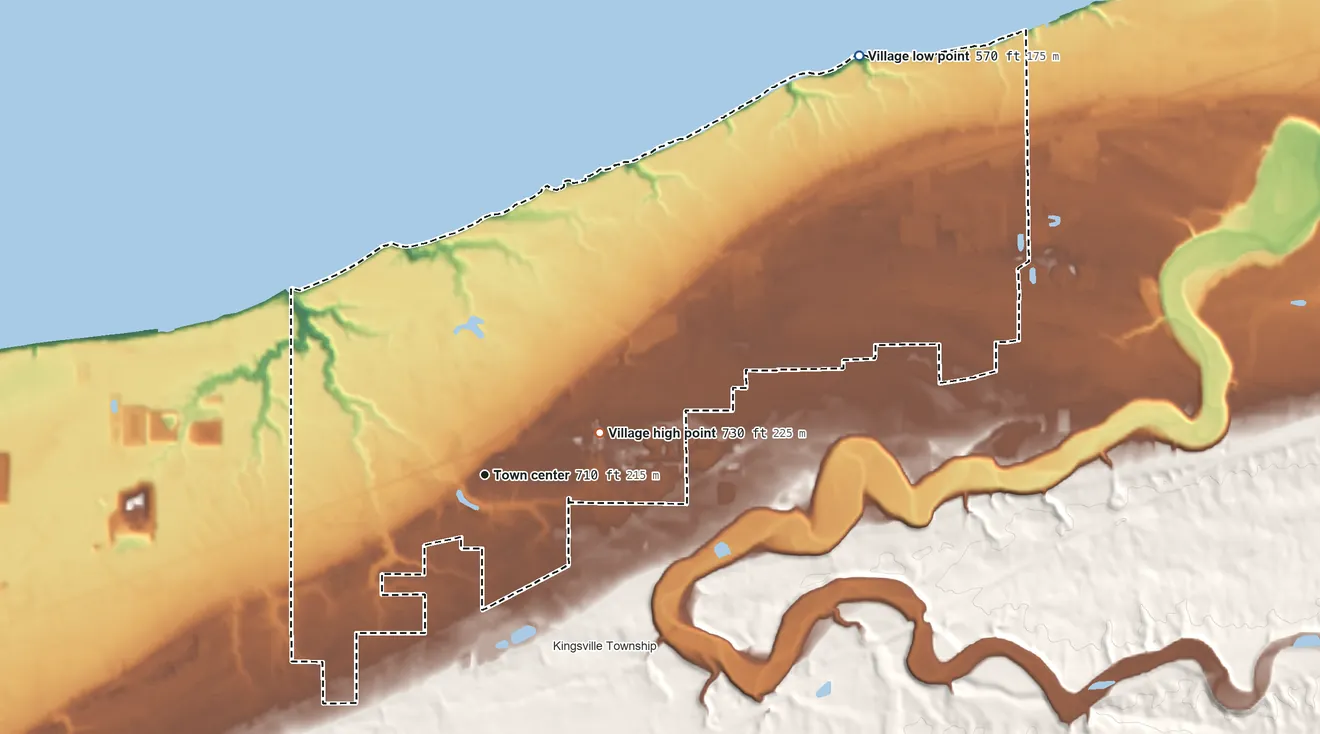 Topographic elevation map of North Kingsville, Ohio, shaded from 570 ft on the northeast side to 730 ft on the east side
