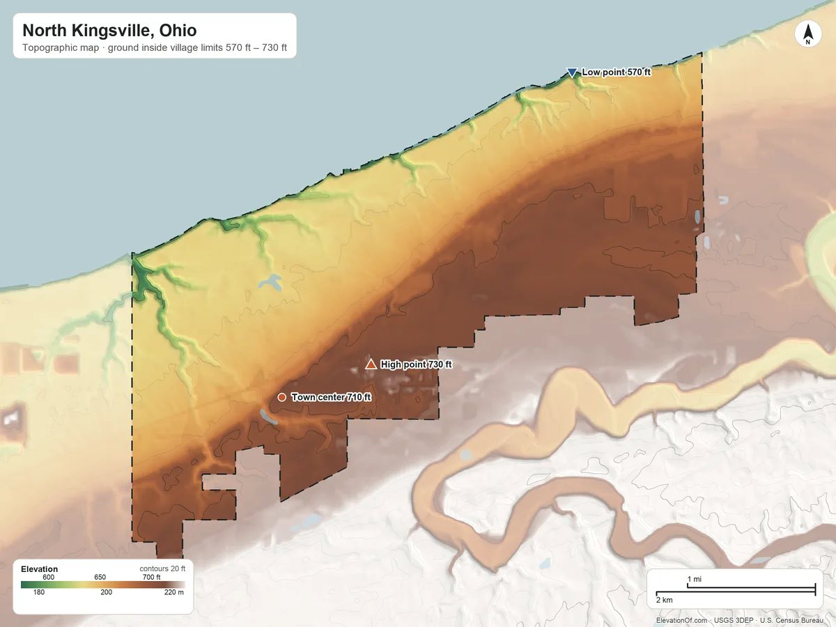 Topographic elevation map of North Kingsville, Ohio, shaded from 570 ft on the northeast side to 730 ft on the east side