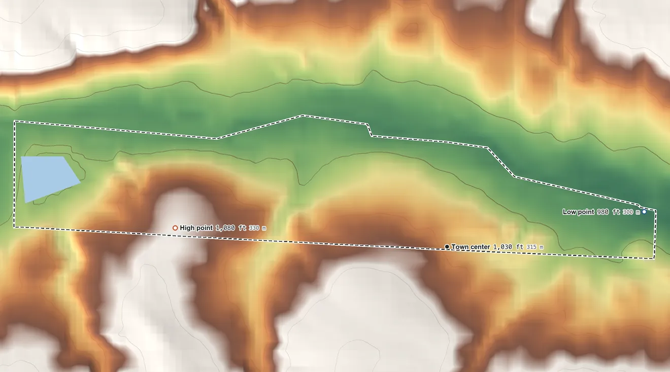 Topographic elevation map of North Lawrence, Ohio, shaded from 980 ft on the east side to 1,080 ft on the west side