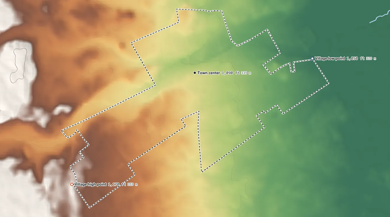 Topographic elevation map of North Lewisburg, Ohio, shaded from 1,050 ft on the east side to 1,170 ft on the southwest side