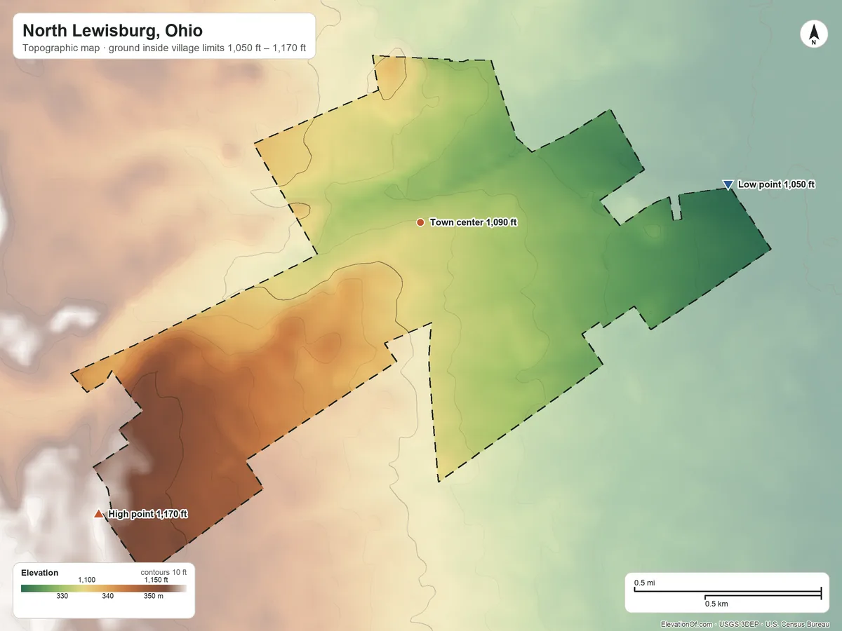 Topographic elevation map of North Lewisburg, Ohio, shaded from 1,050 ft on the east side to 1,170 ft on the southwest side