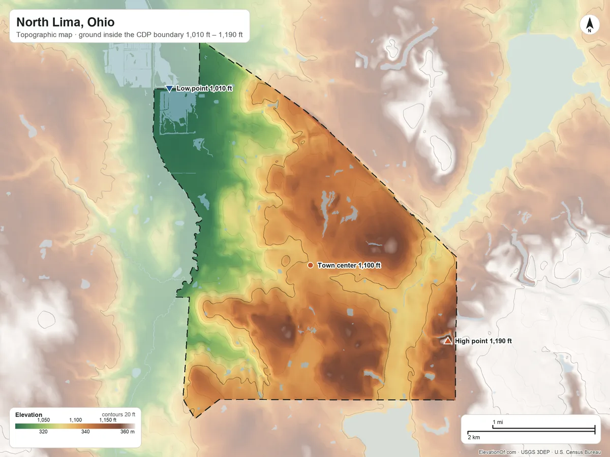 Topographic elevation map of North Lima, Ohio, shaded from 1,010 ft on the northwest side to 1,190 ft on the southeast side