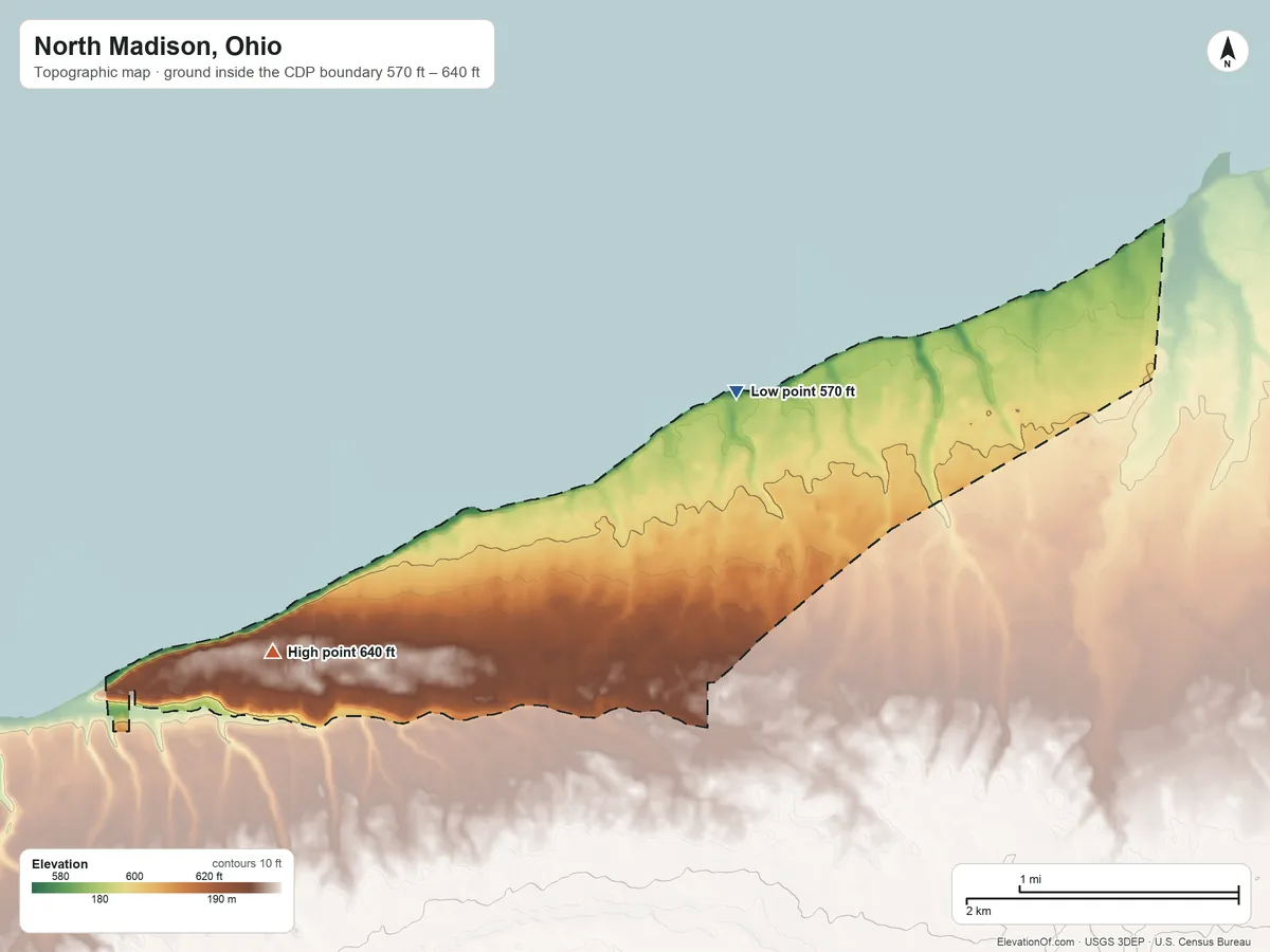 Topographic elevation map of North Madison, Ohio, shaded from 570 ft on the northeast side to 640 ft on the west side