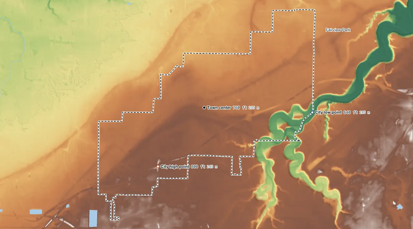 Topographic elevation map of North Olmsted, Ohio, shaded from 640 ft on the east side to 800 ft on the southwest side