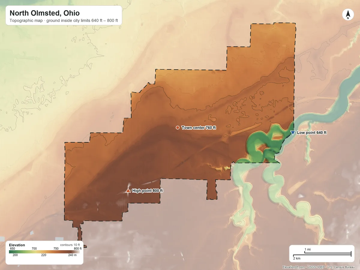 Topographic elevation map of North Olmsted, Ohio, shaded from 640 ft on the east side to 800 ft on the southwest side