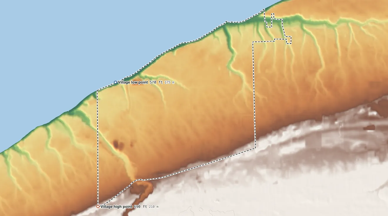 Topographic elevation map of North Perry, Ohio, shaded from 570 ft on the west side to 690 ft on the southwest side