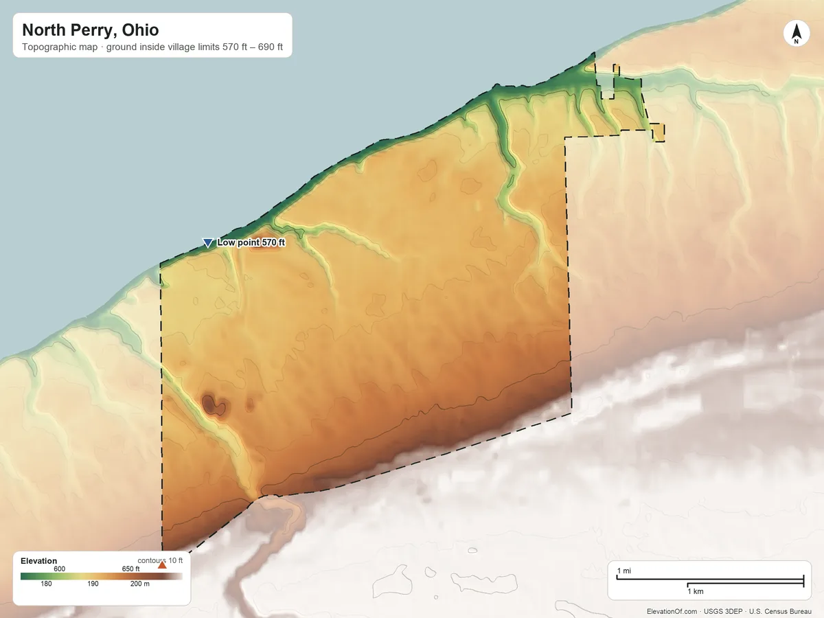 Topographic elevation map of North Perry, Ohio, shaded from 570 ft on the west side to 690 ft on the southwest side
