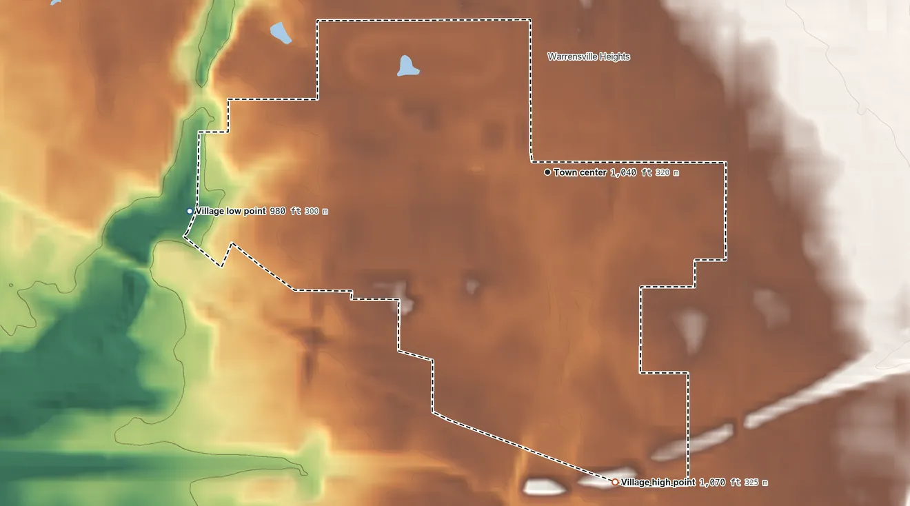 Topographic elevation map of North Randall, Ohio, shaded from 980 ft on the west side to 1,070 ft on the south side