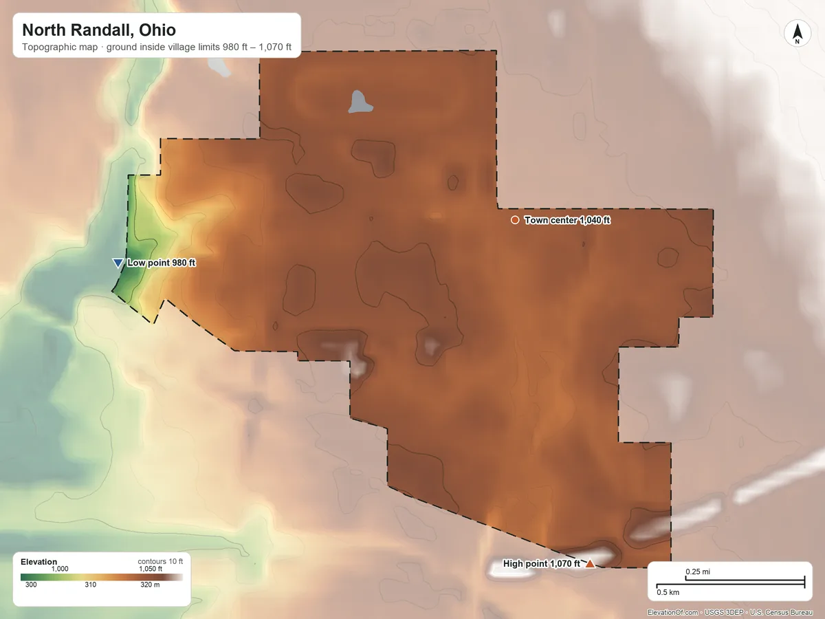 Topographic elevation map of North Randall, Ohio, shaded from 980 ft on the west side to 1,070 ft on the south side