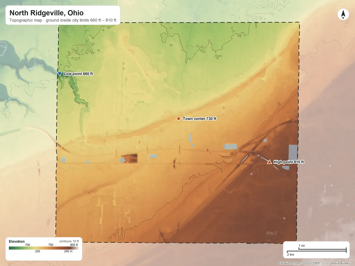 Topographic elevation map of North Ridgeville, Ohio, shaded from 660 ft on the west side to 810 ft on the southeast side