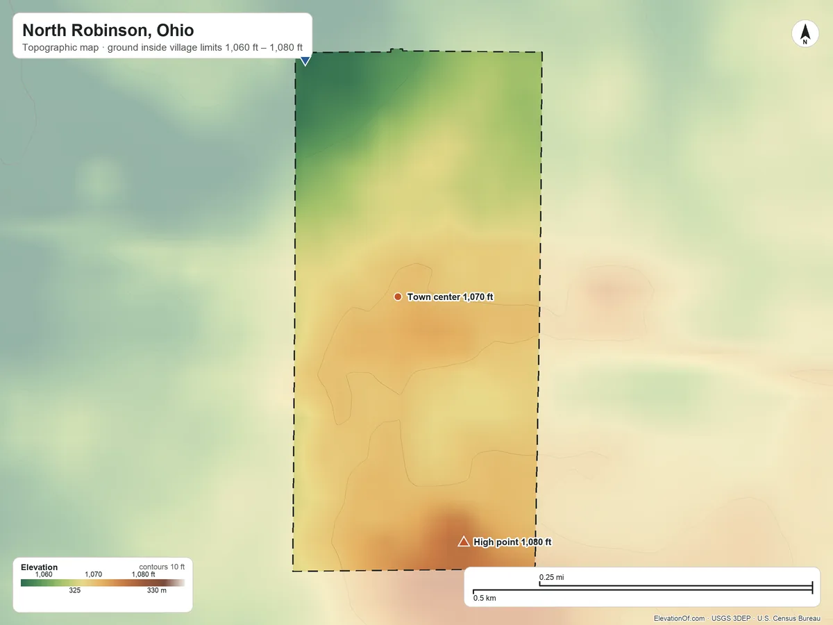 Topographic elevation map of North Robinson, Ohio, shaded from 1,060 ft on the north side to 1,080 ft on the south side