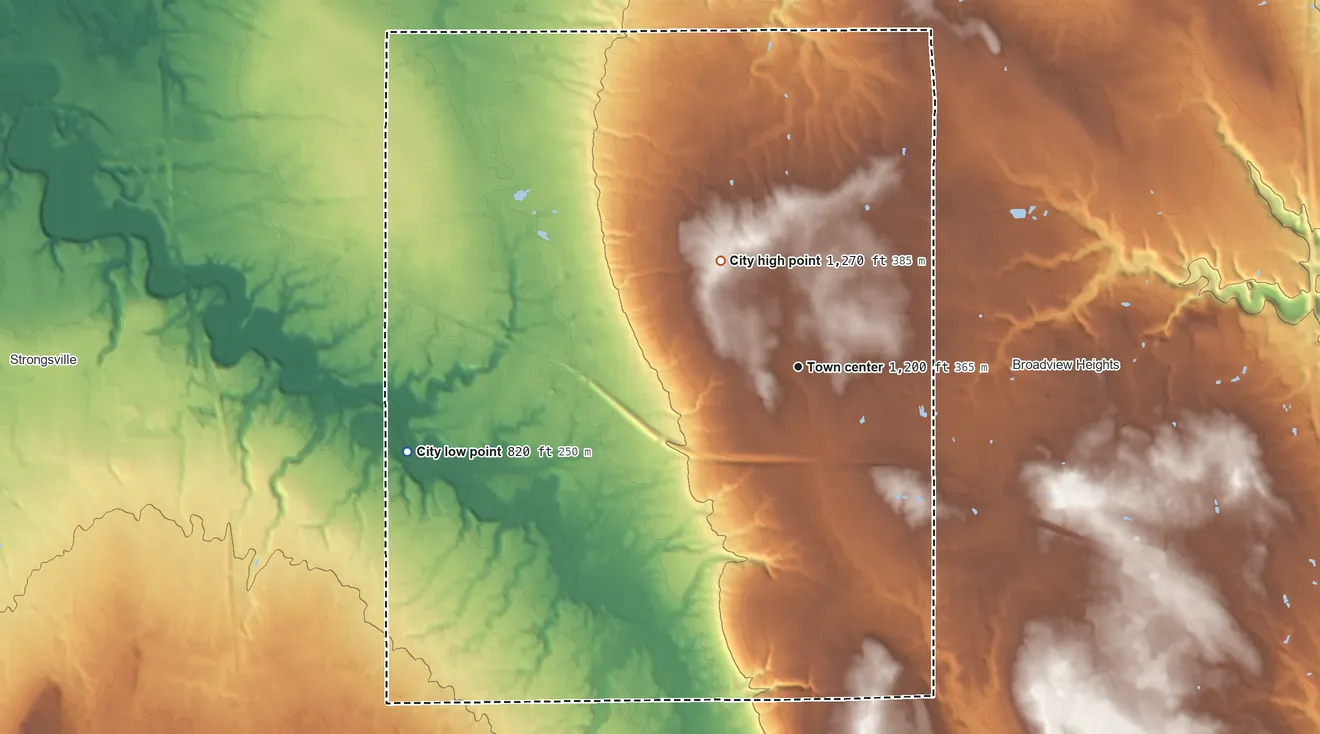 Topographic elevation map of North Royalton, Ohio, shaded from 820 ft on the west side to 1,270 ft on the northwest side