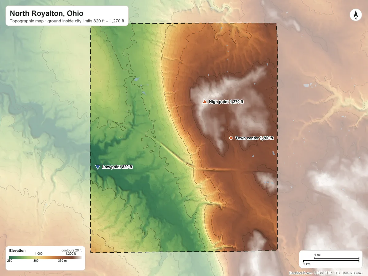 Topographic elevation map of North Royalton, Ohio, shaded from 820 ft on the west side to 1,270 ft on the northwest side