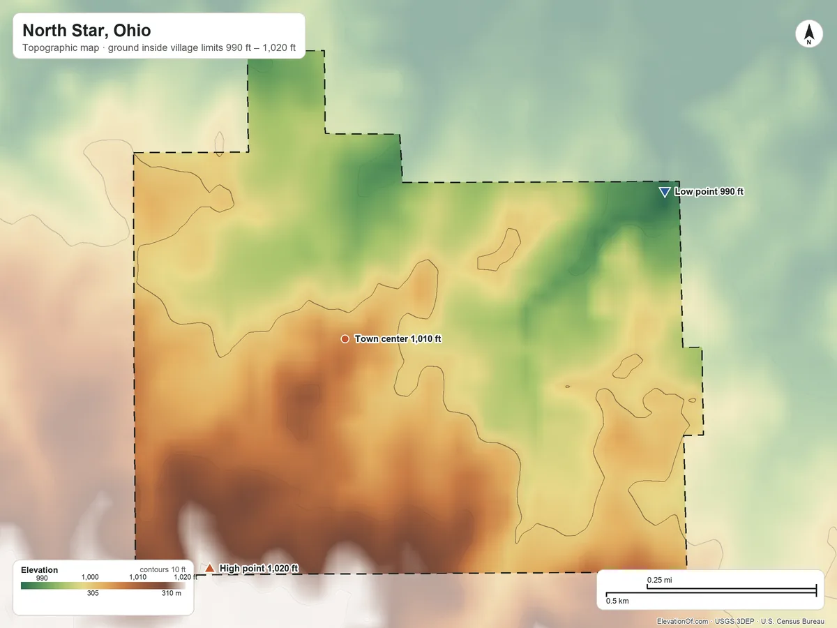 Topographic elevation map of North Star, Ohio, shaded from 990 ft on the northeast side to 1,020 ft on the southwest side