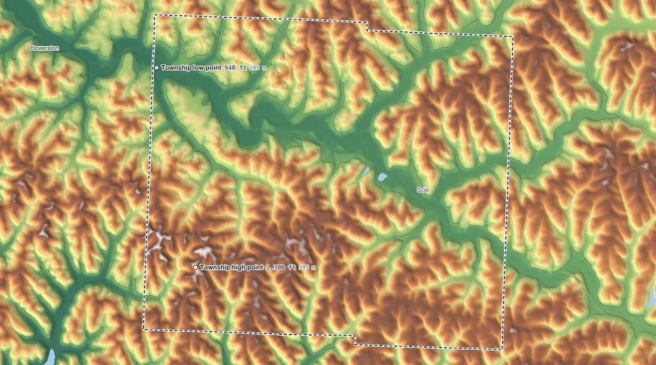 Topographic elevation map of North Township, Ohio, shaded from 940 ft on the northwest side to 1,300 ft on the west side