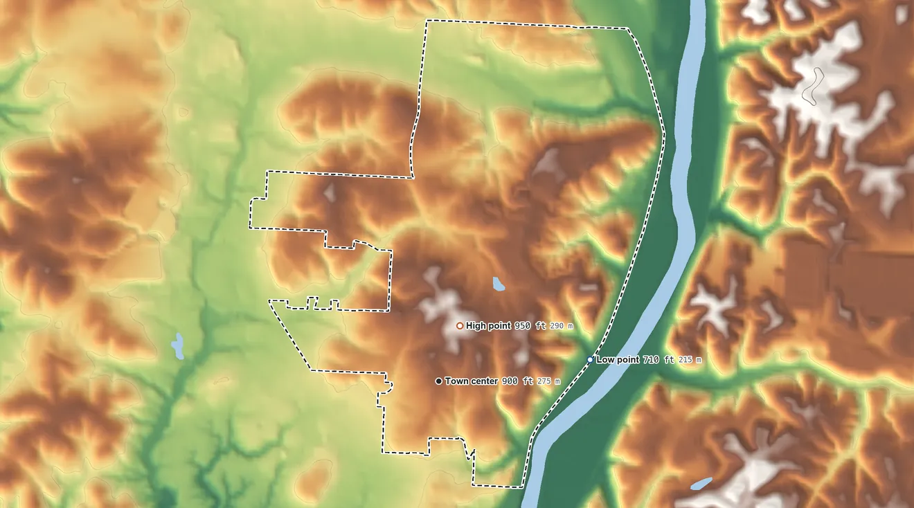 Topographic elevation map of North Zanesville, Ohio, shaded from 710 ft on the east side to 950 ft near the middle