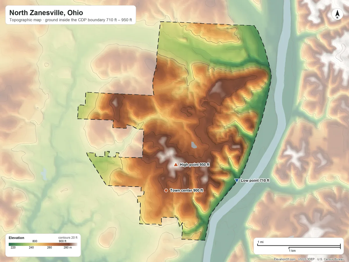 Topographic elevation map of North Zanesville, Ohio, shaded from 710 ft on the east side to 950 ft near the middle