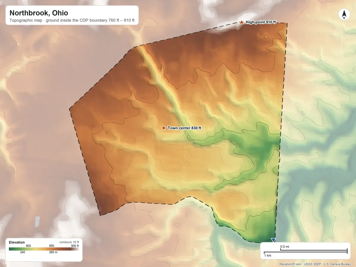 Topographic elevation map of Northbrook, Ohio, shaded from 760 ft on the southeast side to 910 ft on the northeast side
