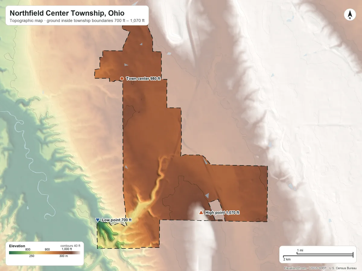 Topographic elevation map of Northfield Center Township, Ohio, shaded from 700 ft on the south side to 1,070 ft on the southeast side