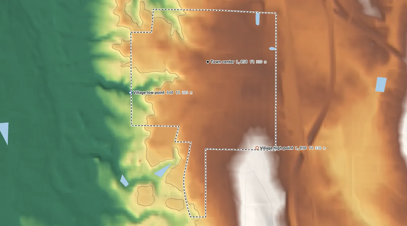Topographic elevation map of Northfield, Ohio, shaded from 940 ft on the west side to 1,090 ft on the southeast side