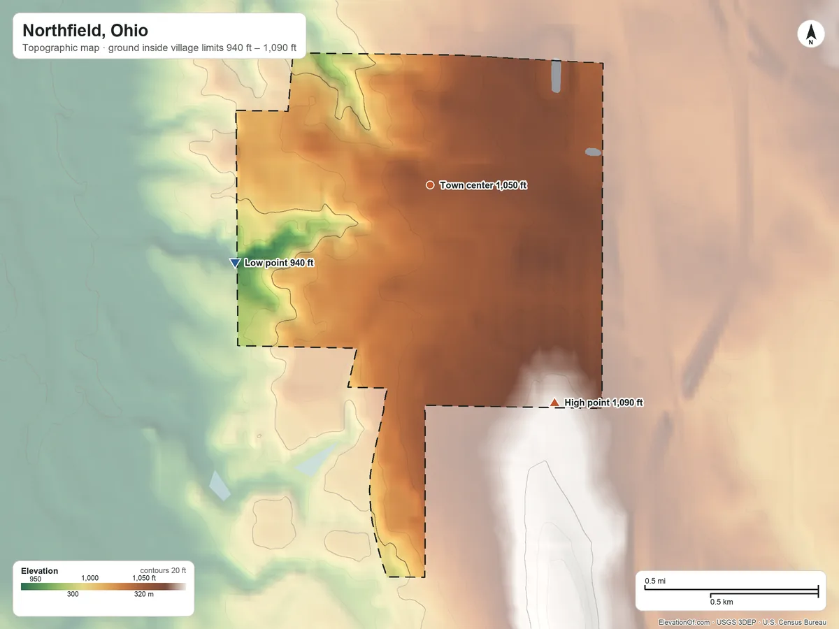 Topographic elevation map of Northfield, Ohio, shaded from 940 ft on the west side to 1,090 ft on the southeast side