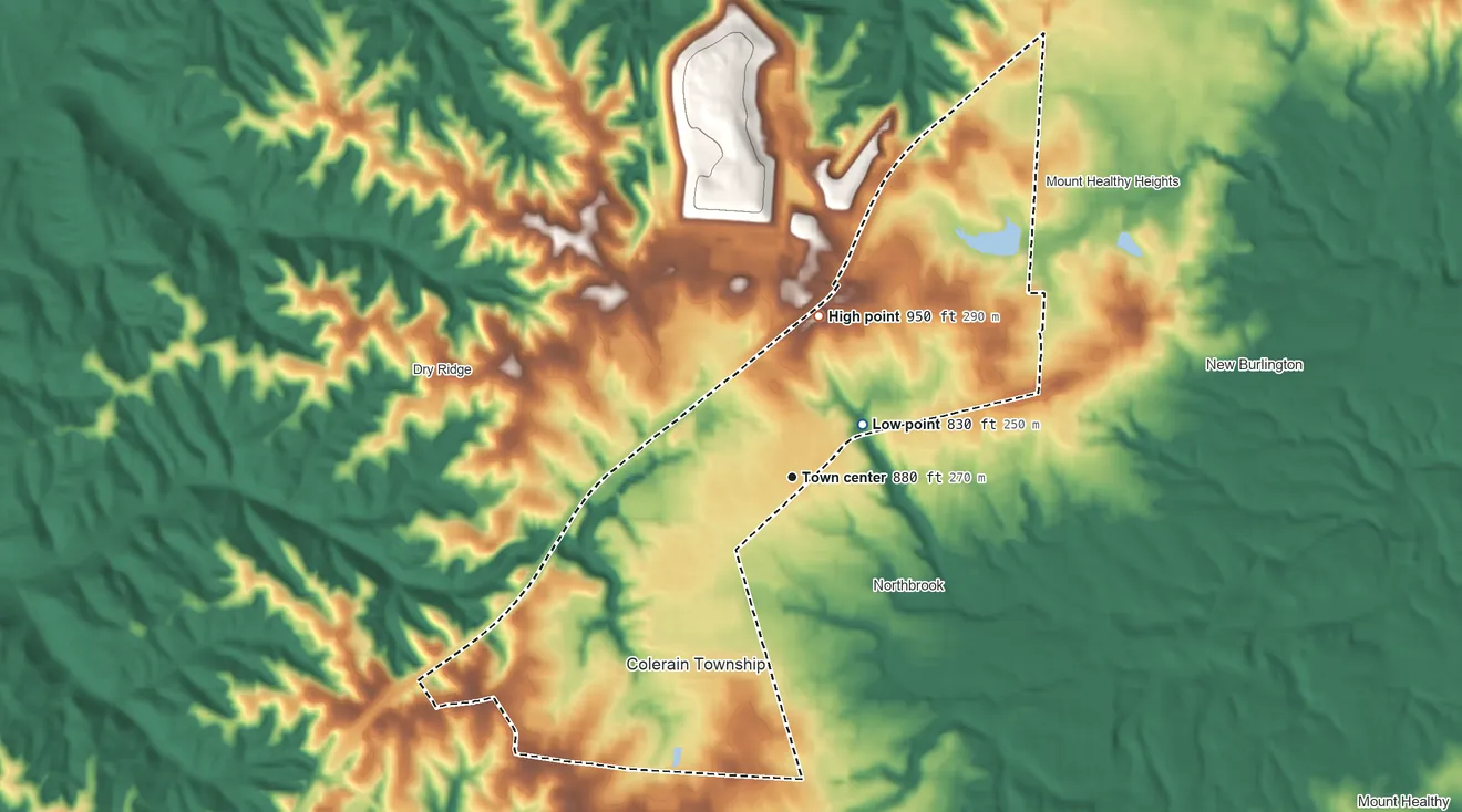 Topographic elevation map of Northgate, Ohio, shaded from 830 ft near the middle to 950 ft on the north side