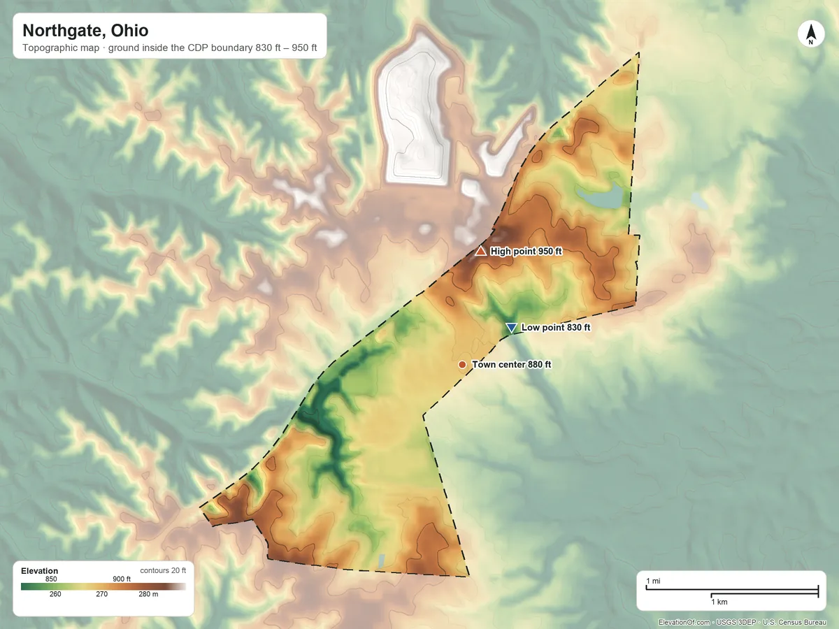 Topographic elevation map of Northgate, Ohio, shaded from 830 ft near the middle to 950 ft on the north side