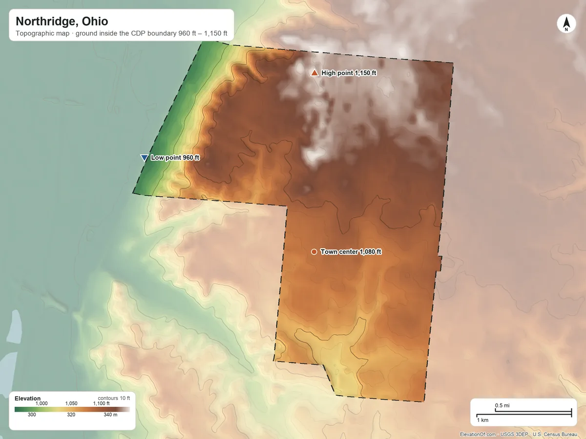 Topographic elevation map of Northridge, Ohio, shaded from 960 ft on the northwest side to 1,150 ft on the north side