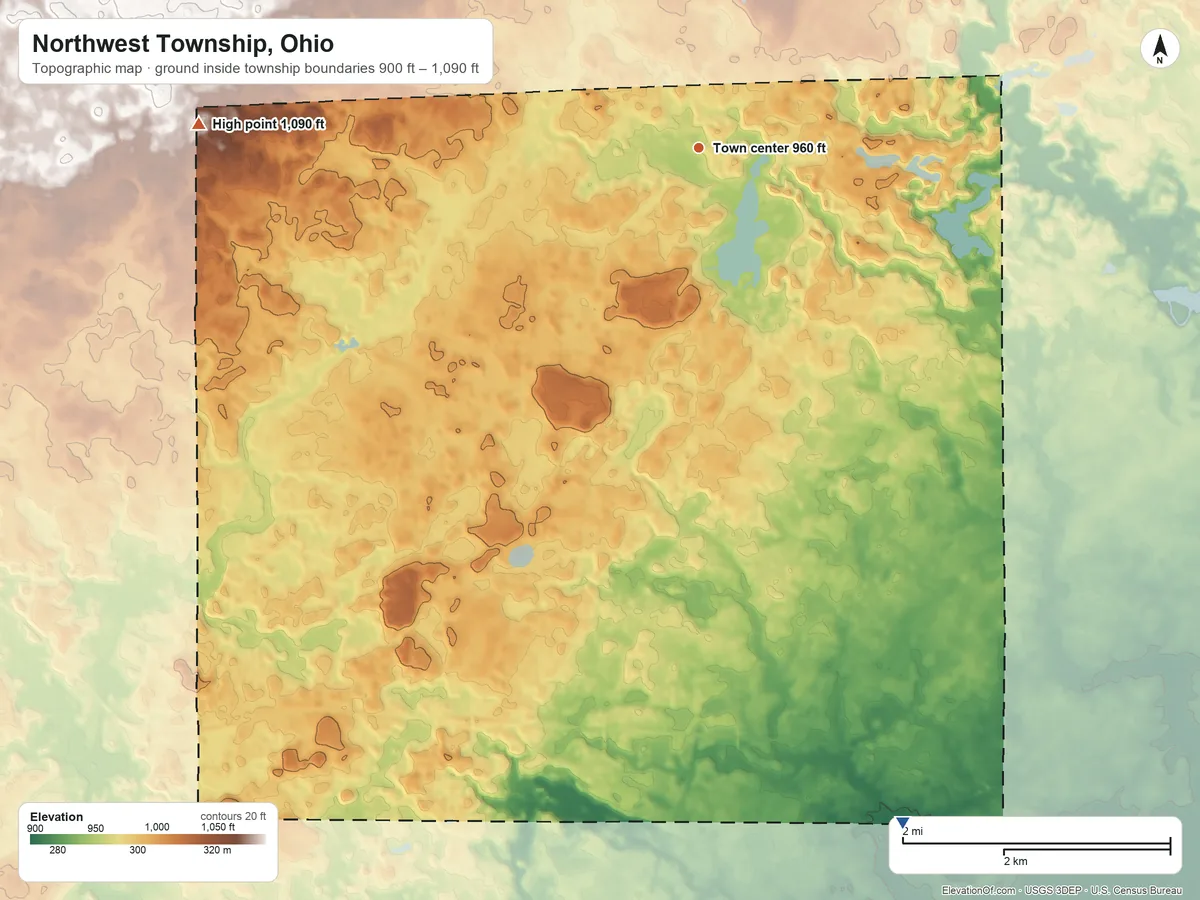 Topographic elevation map of Northwest Township, Ohio, shaded from 900 ft on the south side to 1,090 ft on the west side