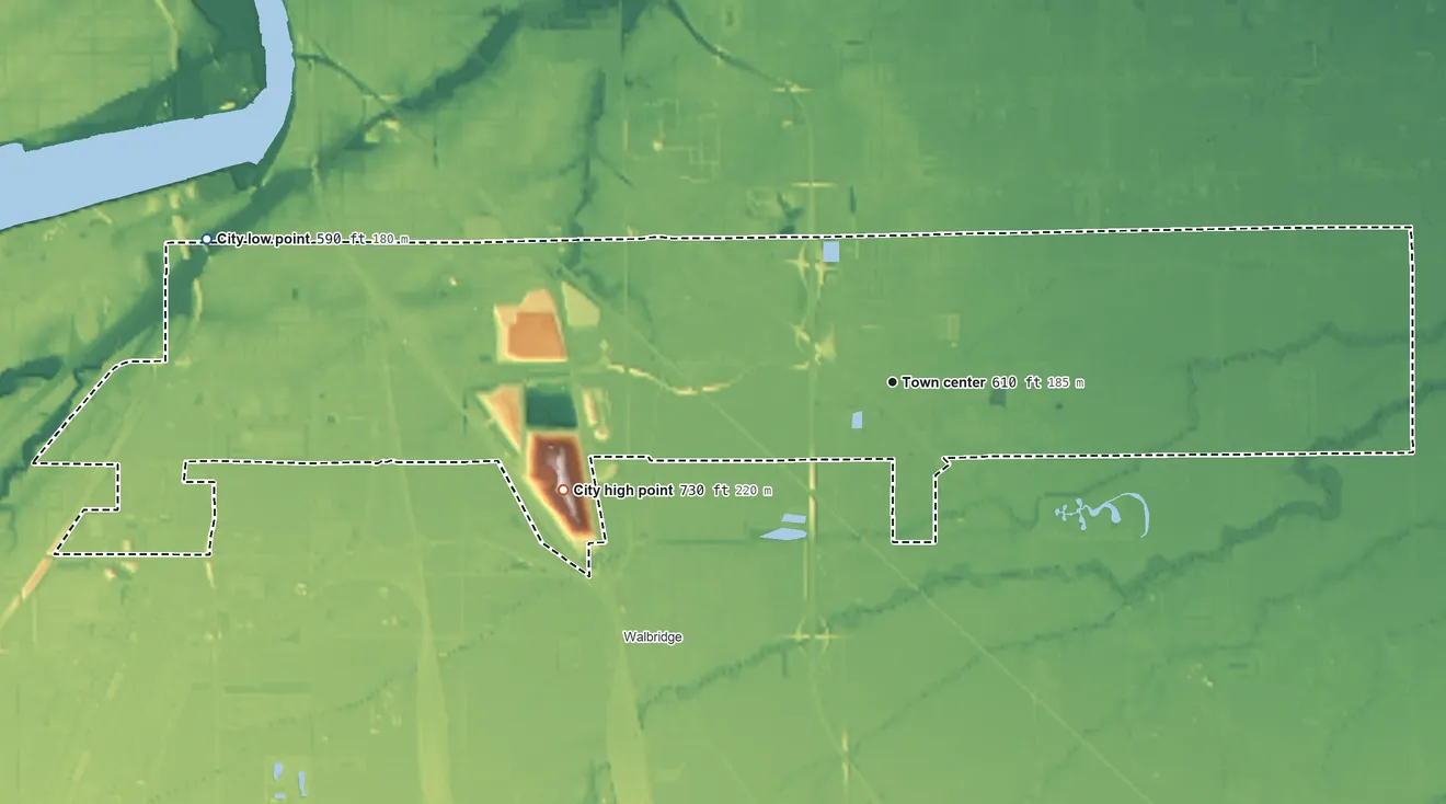 Topographic elevation map of Northwood, Ohio, shaded from 590 ft on the west side to 730 ft on the west side