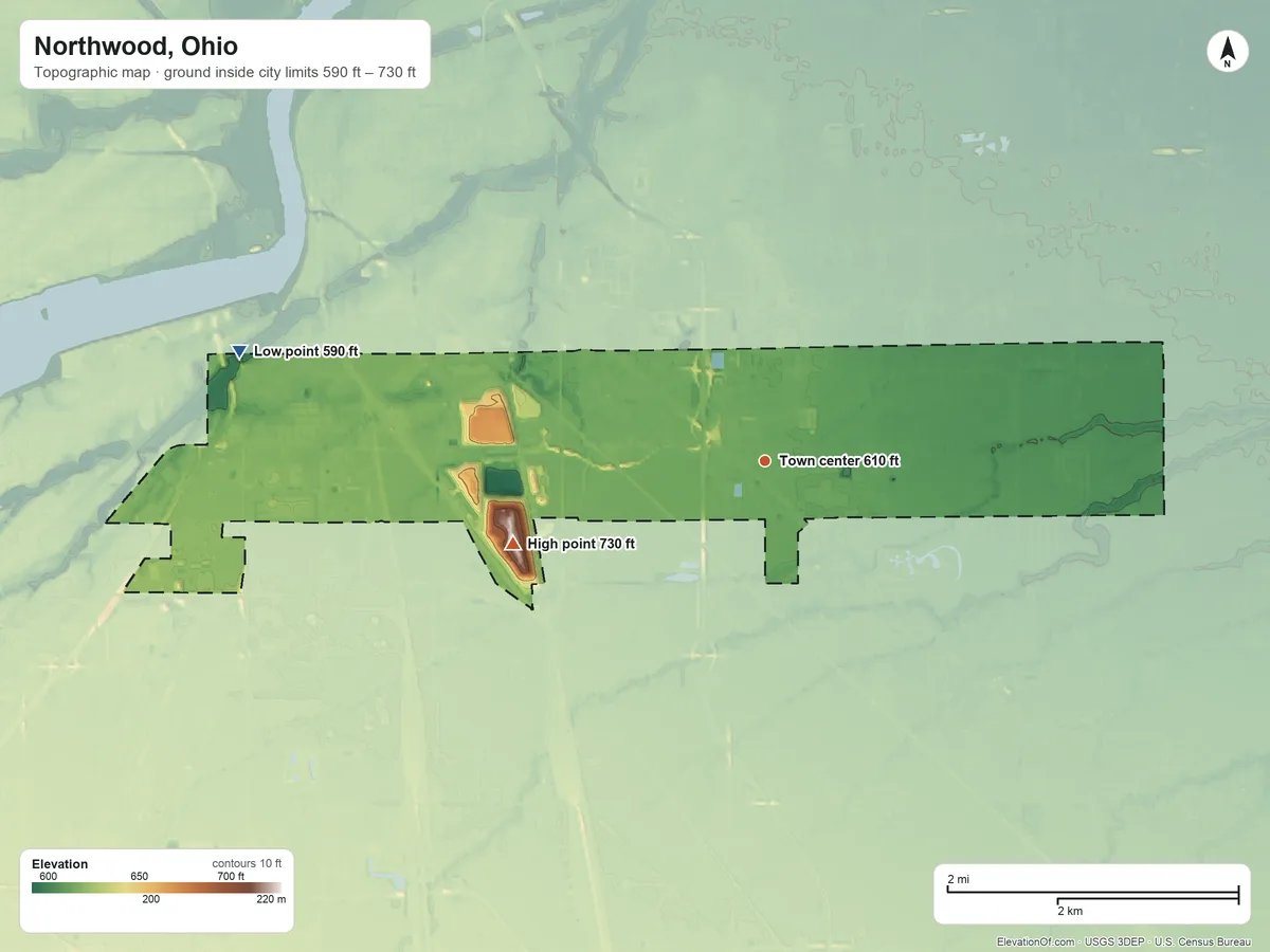 Topographic elevation map of Northwood, Ohio, shaded from 590 ft on the west side to 730 ft on the west side