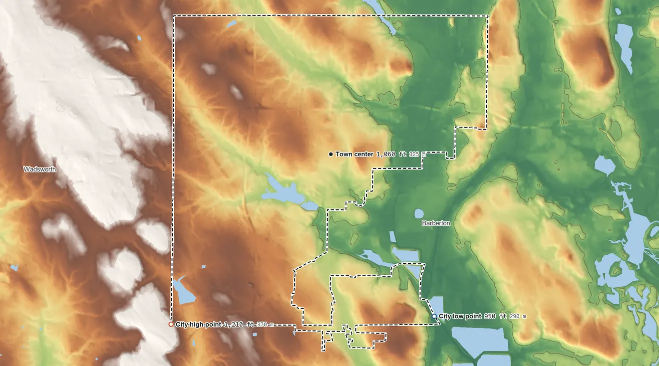 Topographic elevation map of Norton, Ohio, shaded from 950 ft on the southeast side to 1,210 ft on the southwest side