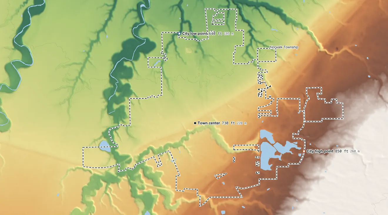 Topographic elevation map of Norwalk, Ohio, shaded from 640 ft on the north side to 850 ft on the east side