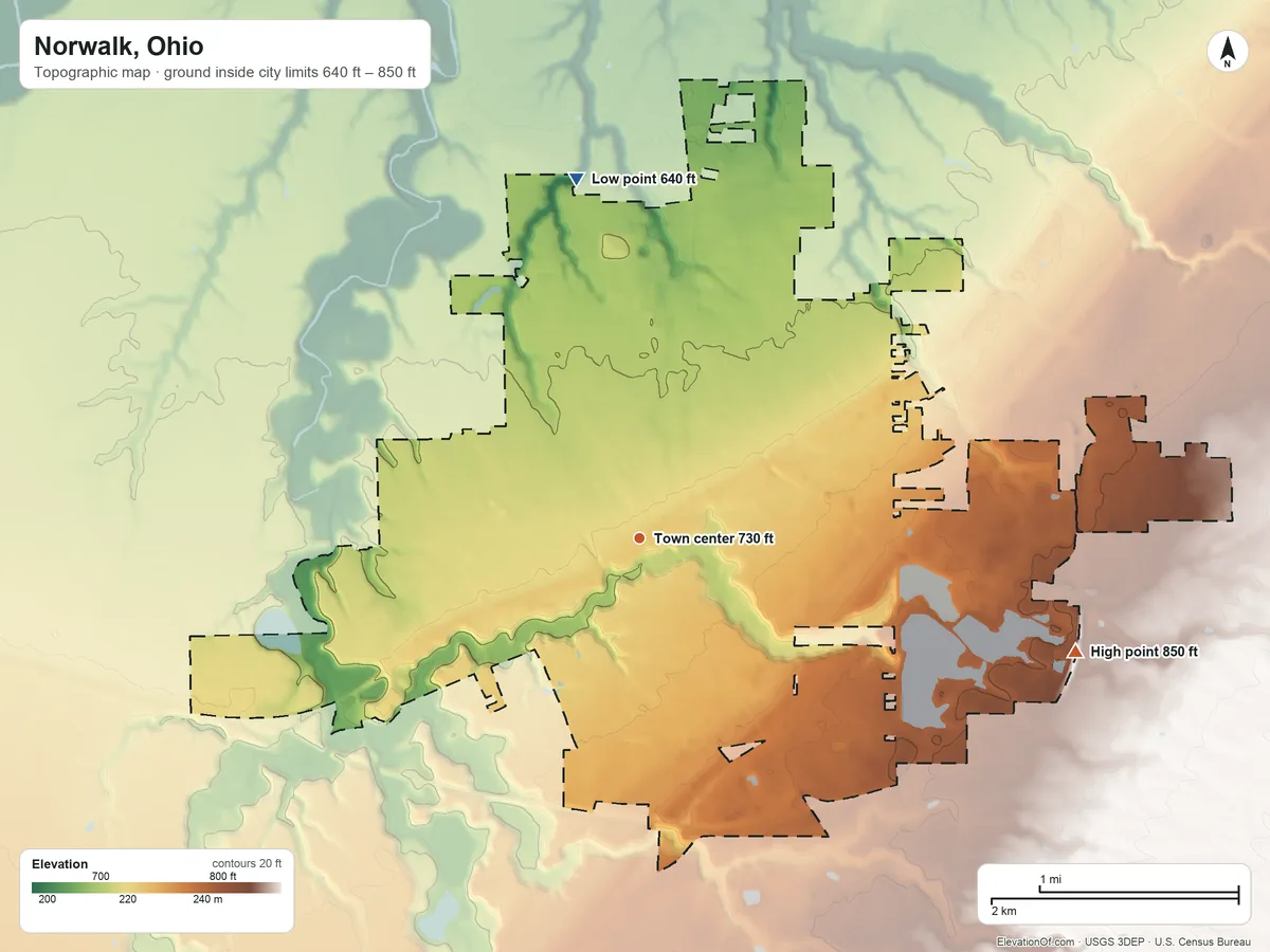 Topographic elevation map of Norwalk, Ohio, shaded from 640 ft on the north side to 850 ft on the east side