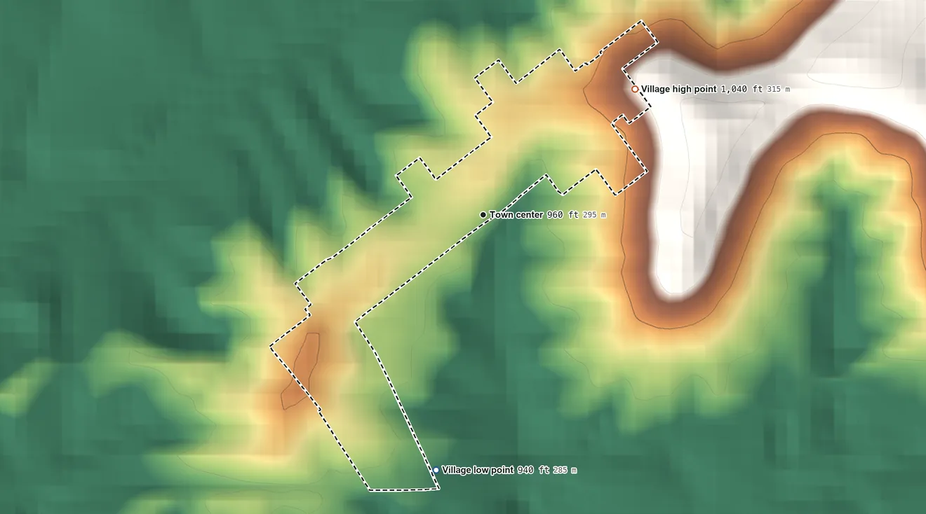 Topographic elevation map of Norwich, Ohio, shaded from 940 ft on the south side to 1,040 ft on the northeast side