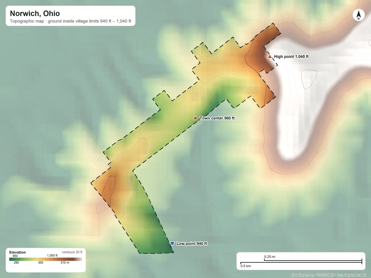 Topographic elevation map of Norwich, Ohio, shaded from 940 ft on the south side to 1,040 ft on the northeast side