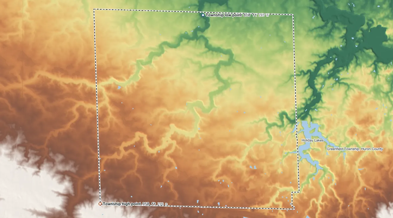 Topographic elevation map of Norwich Township, Huron County, Ohio, shaded from 810 ft on the north side to 950 ft on the southwest side