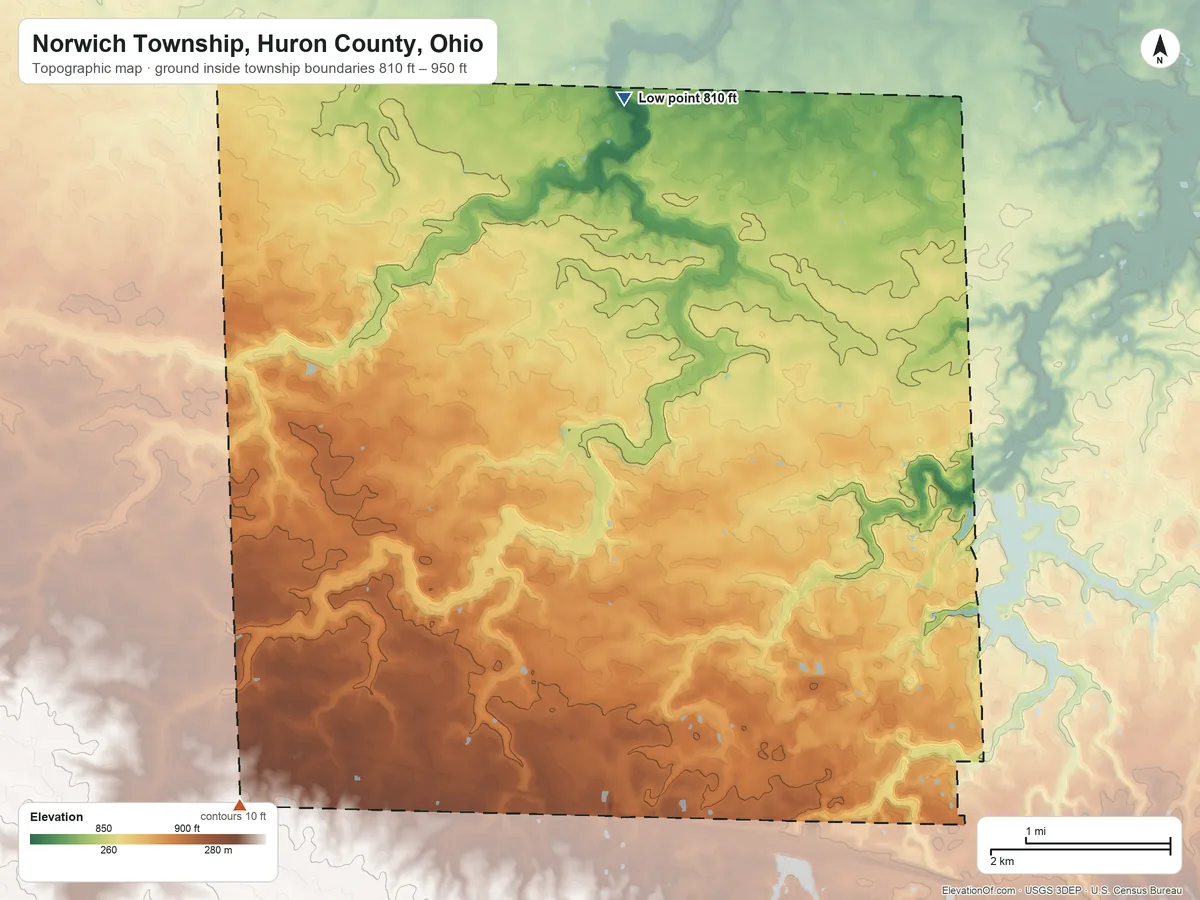 Topographic elevation map of Norwich Township, Huron County, Ohio, shaded from 810 ft on the north side to 950 ft on the southwest side