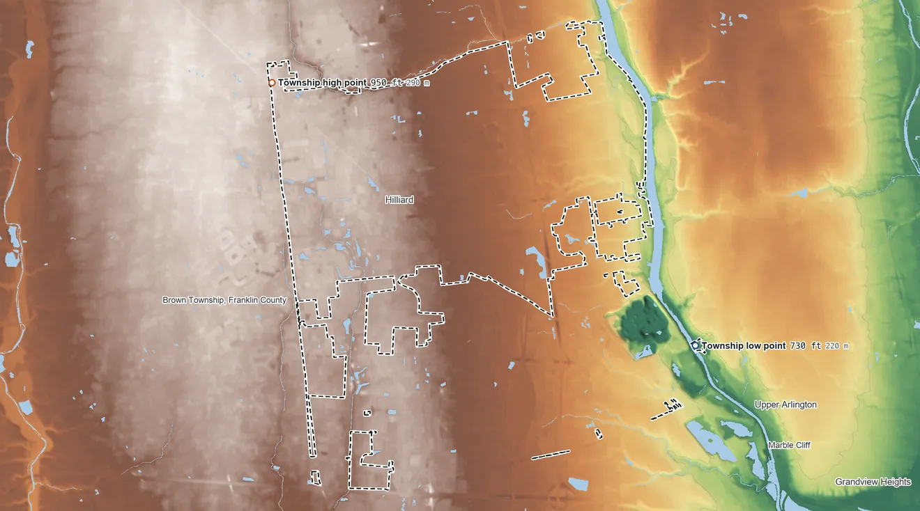 Topographic elevation map of Norwich Township, Ohio, shaded from 730 ft on the southeast side to 950 ft on the northwest side