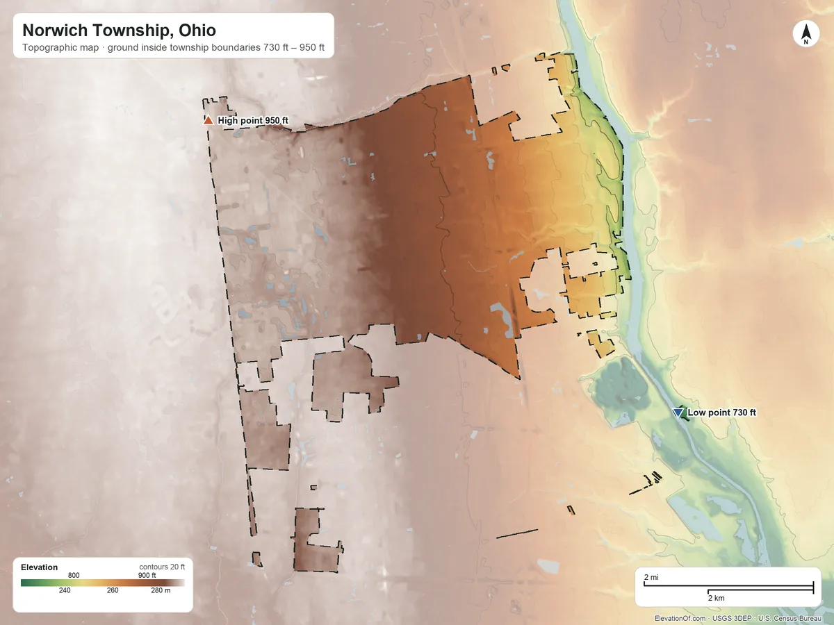 Topographic elevation map of Norwich Township, Ohio, shaded from 730 ft on the southeast side to 950 ft on the northwest side