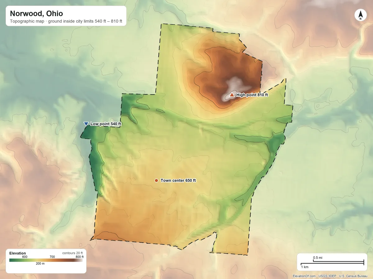 Topographic elevation map of Norwood, Ohio, shaded from 540 ft on the northwest side to 810 ft on the northeast side