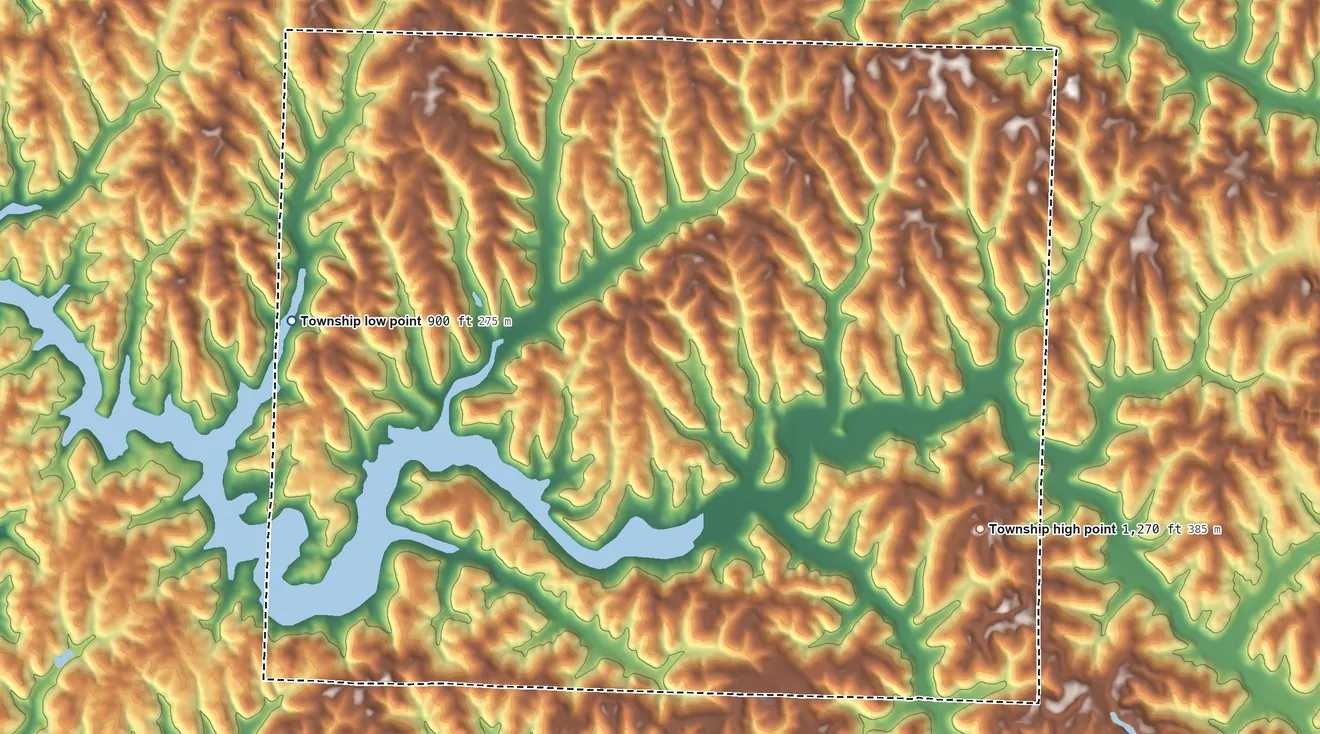 Topographic elevation map of Nottingham Township, Ohio, shaded from 900 ft on the west side to 1,270 ft on the southeast side