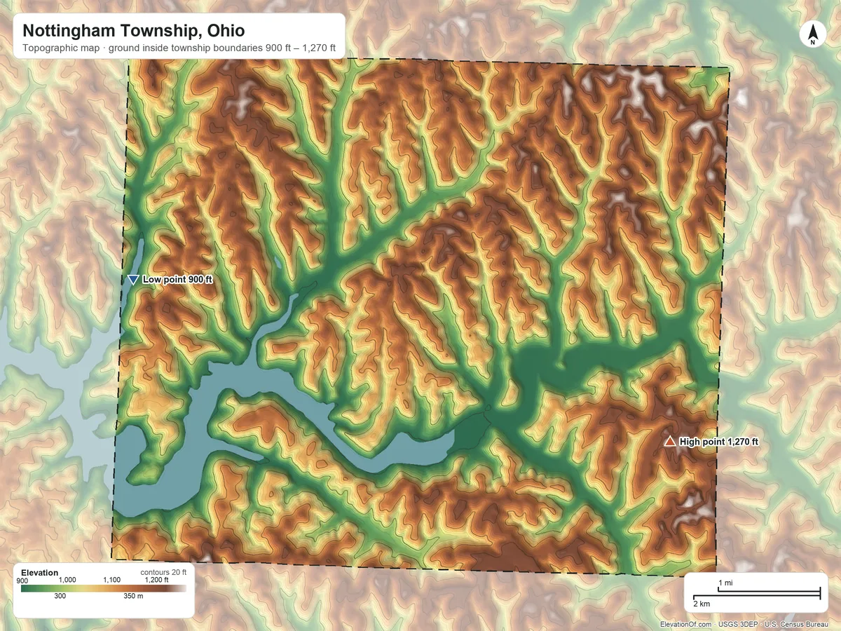 Topographic elevation map of Nottingham Township, Ohio, shaded from 900 ft on the west side to 1,270 ft on the southeast side