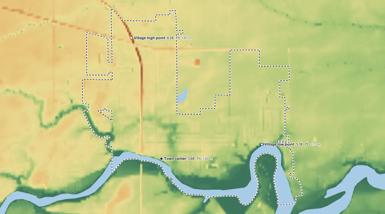 Topographic elevation map of Oak Harbor, Ohio, shaded from 570 ft on the east side to 610 ft on the north side