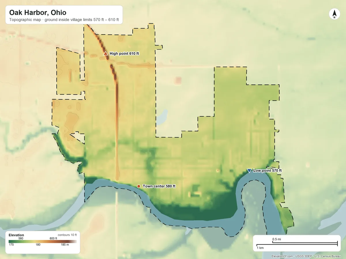 Topographic elevation map of Oak Harbor, Ohio, shaded from 570 ft on the east side to 610 ft on the north side