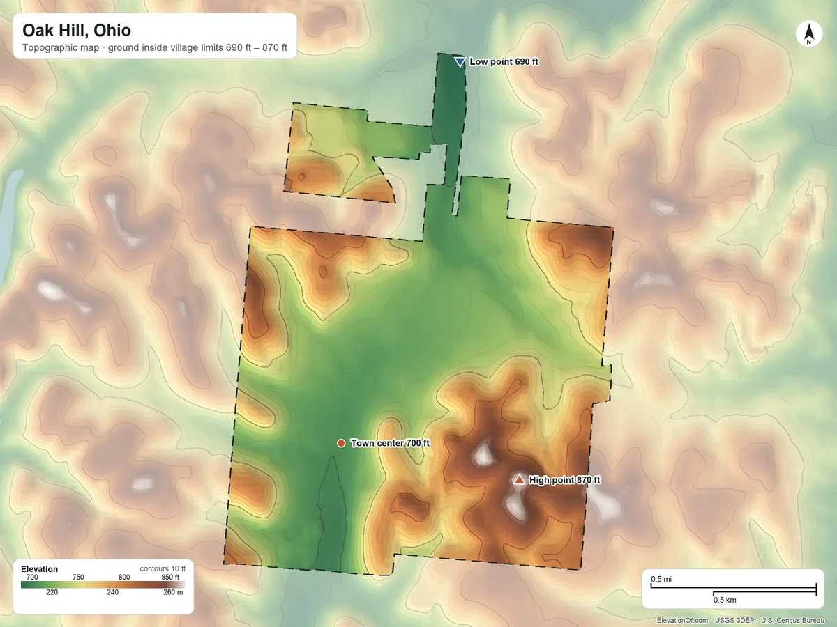Topographic elevation map of Oak Hill, Ohio, shaded from 690 ft on the north side to 870 ft on the east side