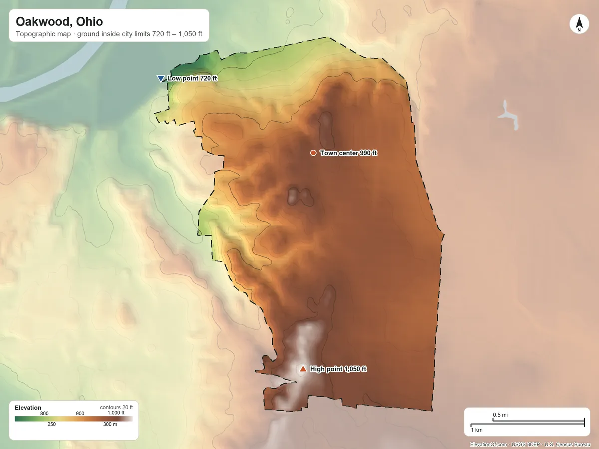 Topographic elevation map of Oakwood, Ohio, shaded from 720 ft on the northwest side to 1,050 ft on the south side