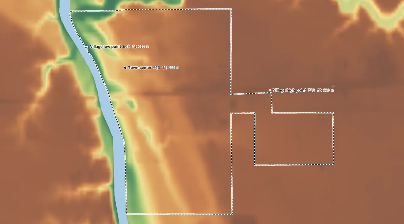 Topographic elevation map of Village of Oakwood, Ohio, shaded from 690 ft on the northwest side to 720 ft on the east side