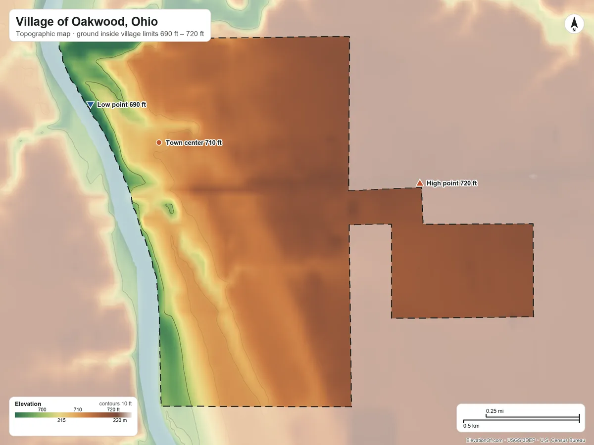 Topographic elevation map of Village of Oakwood, Ohio, shaded from 690 ft on the northwest side to 720 ft on the east side