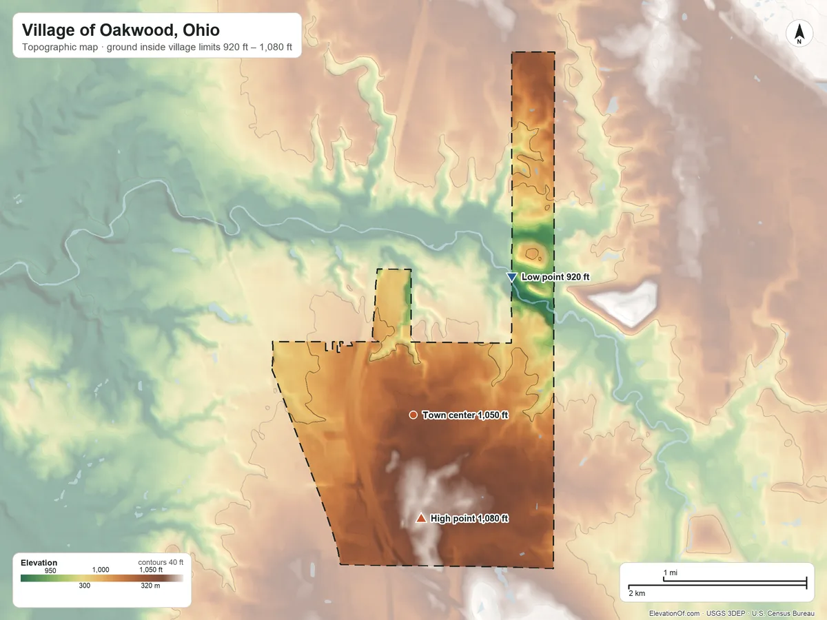 Topographic elevation map of Village of Oakwood, Ohio, shaded from 920 ft on the northeast side to 1,080 ft on the south side